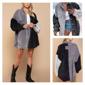 POL Corduroy Colorblock Black Gray Shacket Button Down Oversized Size Large